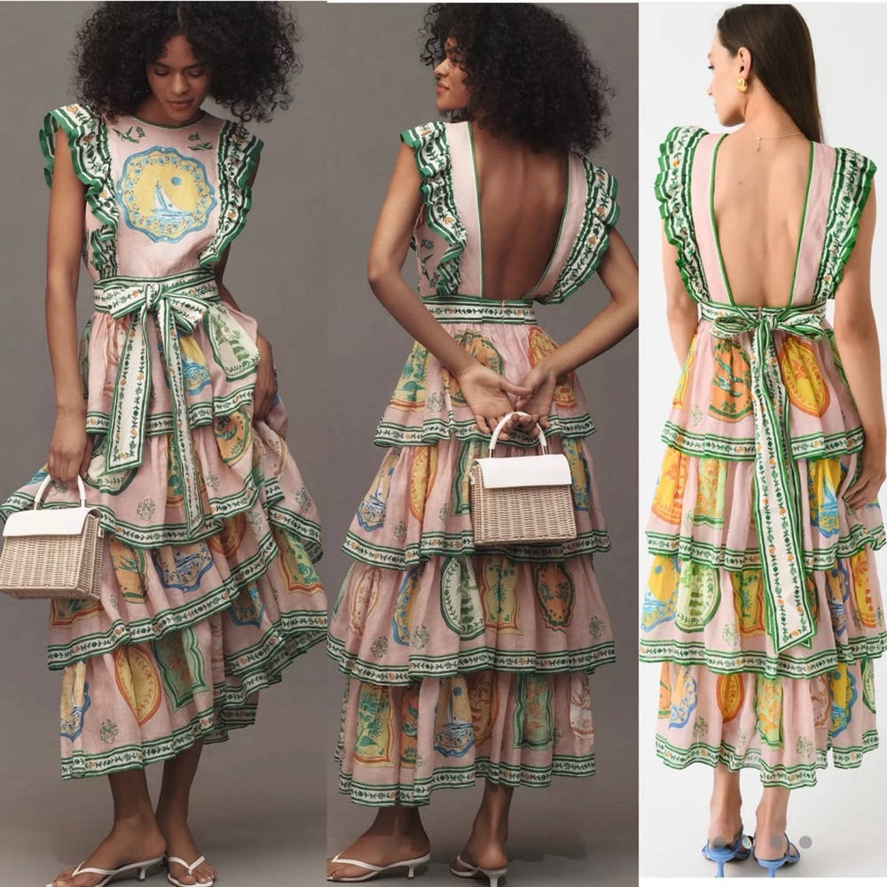 NWT Anthropologie x Alemais Porcelain Frilled Tiered European Flax Midi Dress 4 - Picture 3 of 12